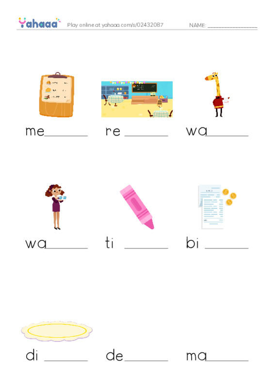 Finish the word worksheet for At a restaurant