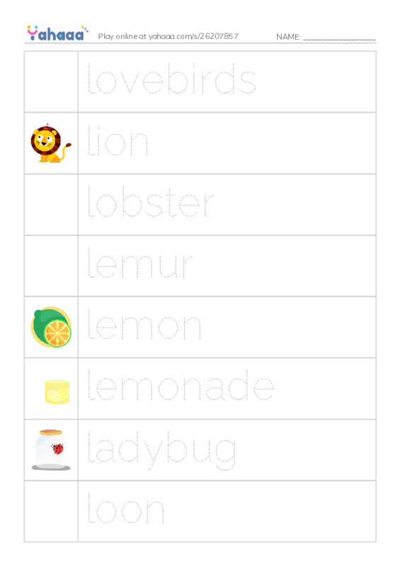 Picture and word rows worksheet for Ll