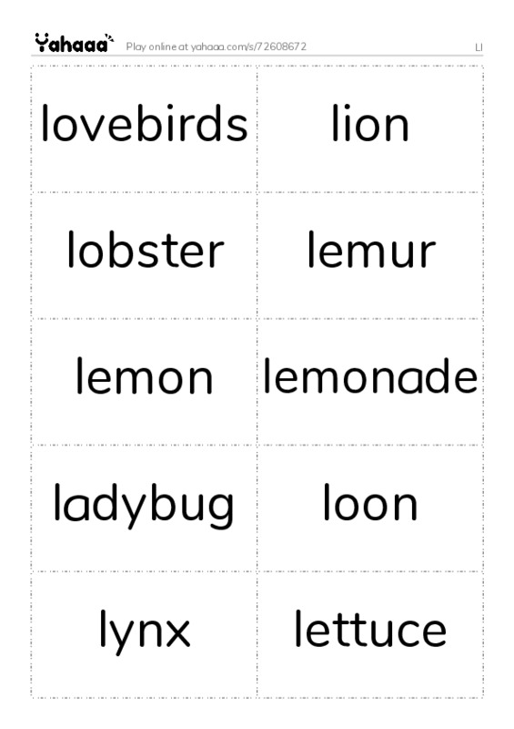 Word flashcards worksheet for Ll