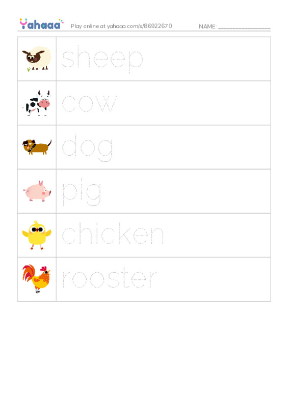 Picture and word rows worksheet for Farm Animals