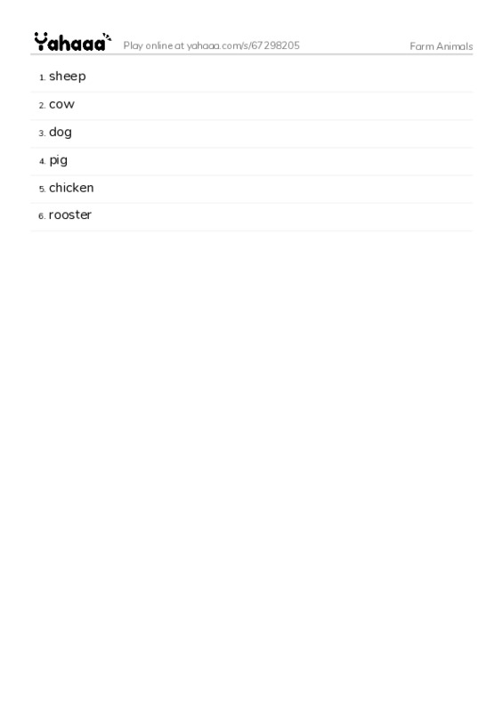 Word list with meanings worksheet for Farm Animals