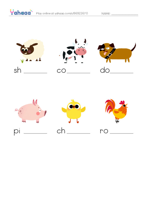 Finish the word worksheet for Farm Animals