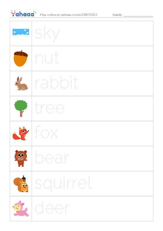 Picture and word rows worksheet for The Sky is Falling