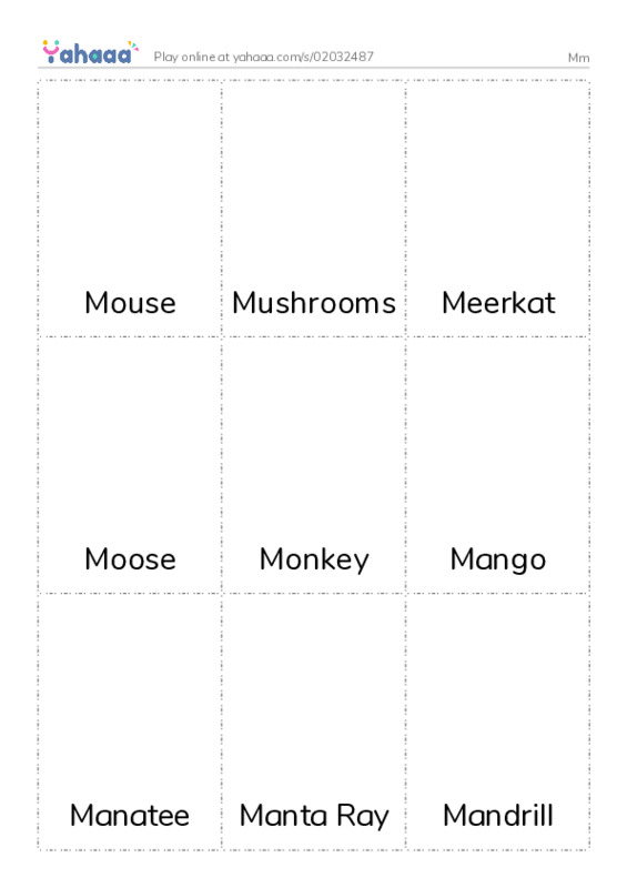 Picture flashcards worksheet for Mm