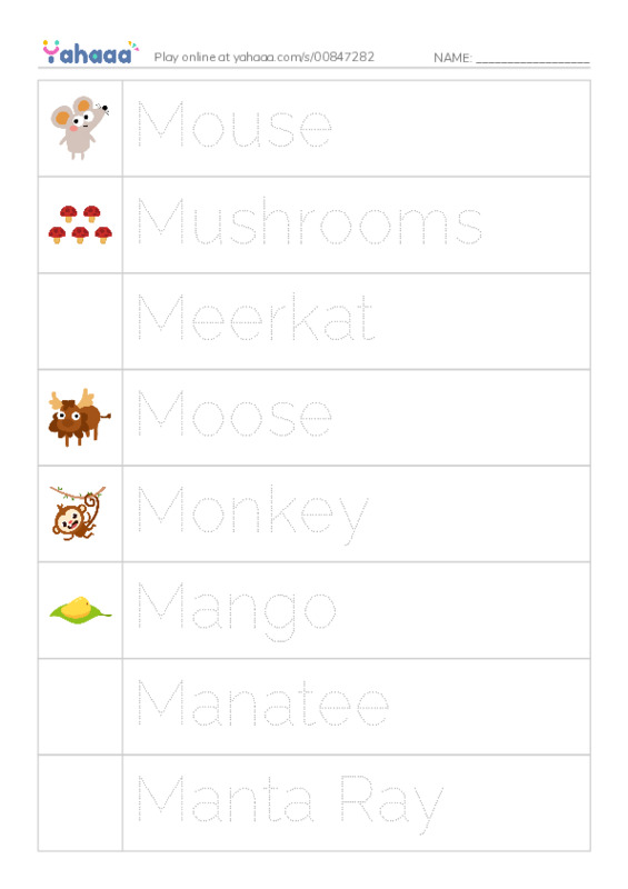 Picture and word rows worksheet for Mm