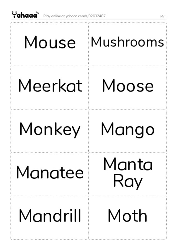 Word flashcards worksheet for Mm