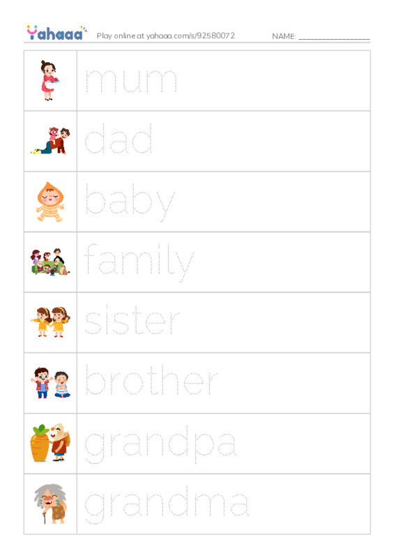 Picture and word rows worksheet for Family