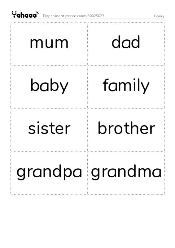 Word flashcards worksheet for Family