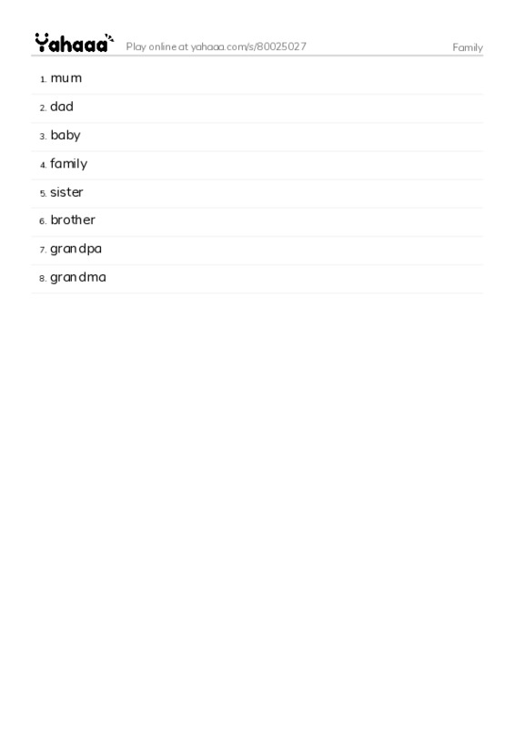 Word list with meanings worksheet for Family
