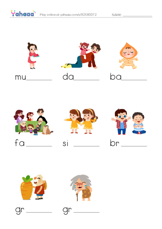 Finish the word worksheet for Family