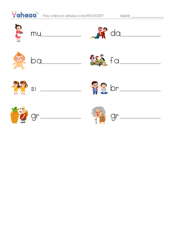 Write the word rows worksheet for Family