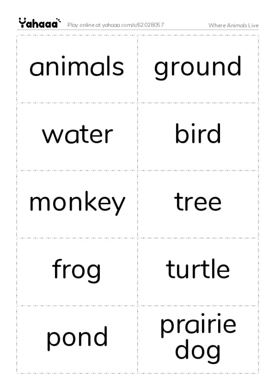 Word flashcards worksheet for Where Animals Live