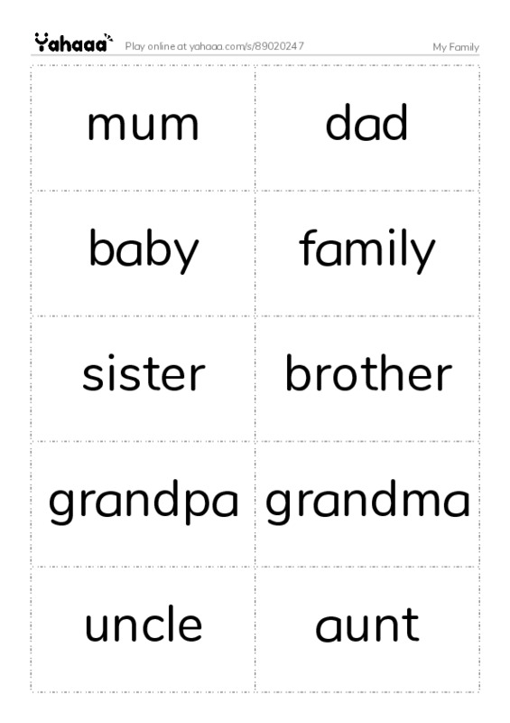 Word flashcards worksheet for My Family