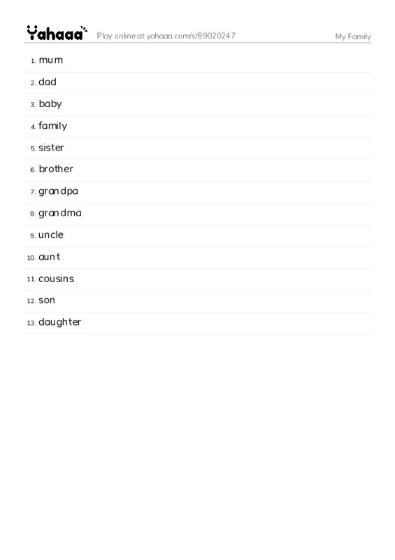 Word list with meanings worksheet for My Family