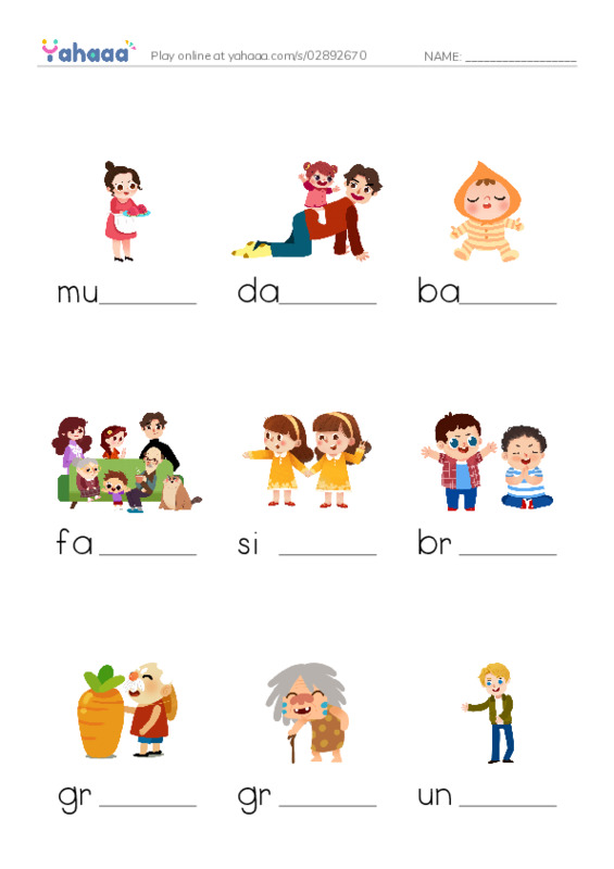Finish the word worksheet for My Family
