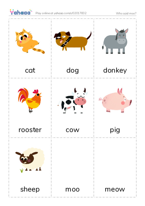 Picture flashcards worksheet for Who said moo?