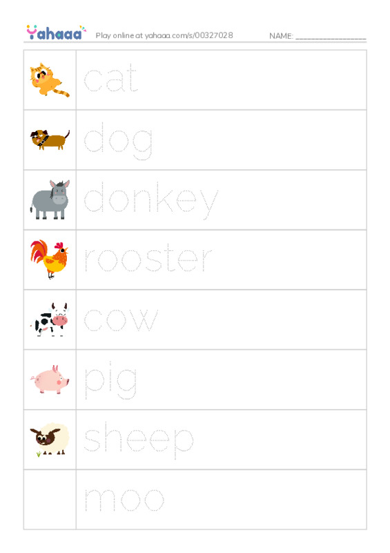 Picture and word rows worksheet for Who said moo?