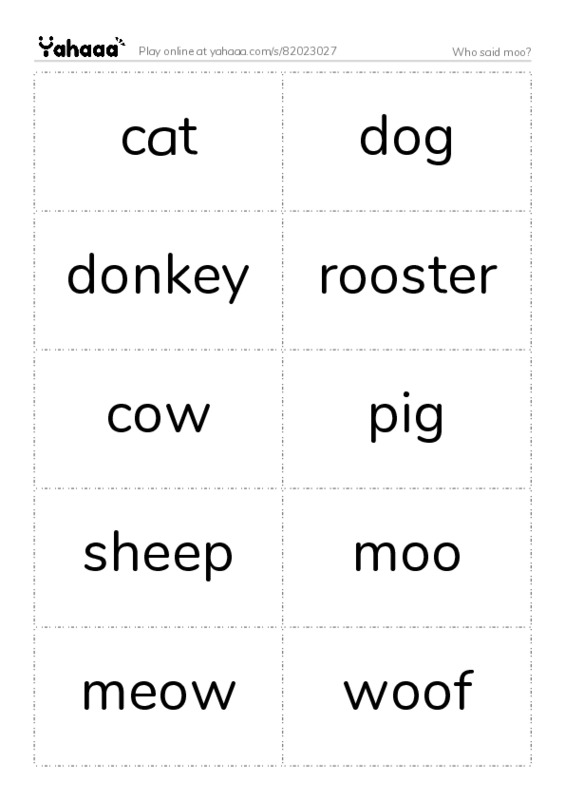 Word flashcards worksheet for Who said moo?