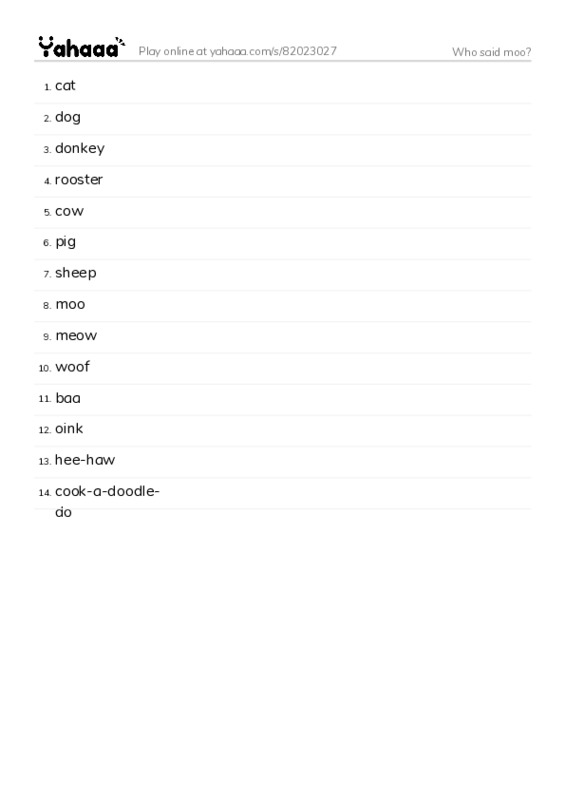 Word list with meanings worksheet for Who said moo?
