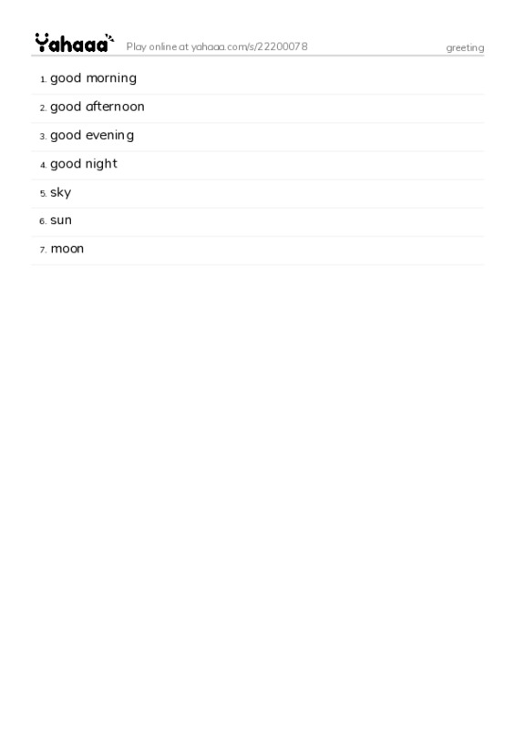 Word list with meanings worksheet for greeting