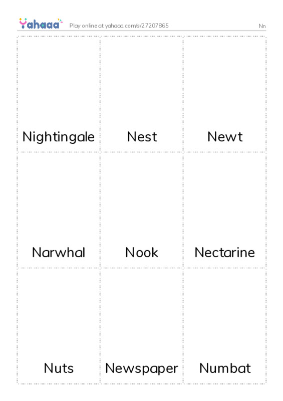 Picture flashcards worksheet for Nn