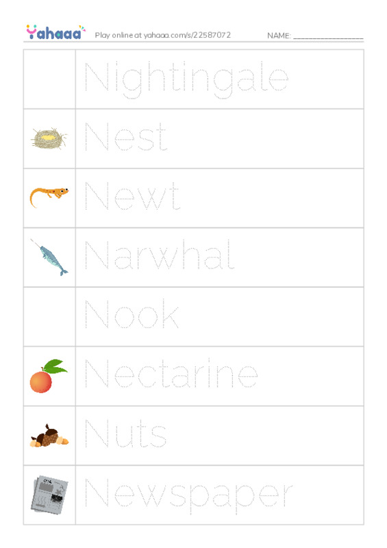 Picture and word rows worksheet for Nn