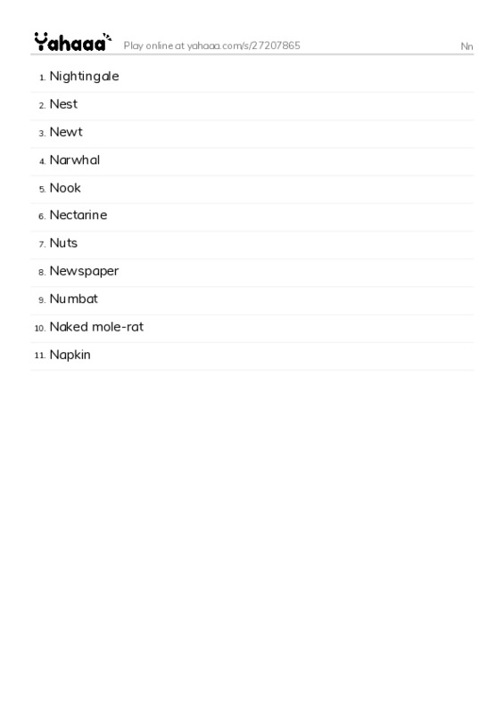 Word list with meanings worksheet for Nn