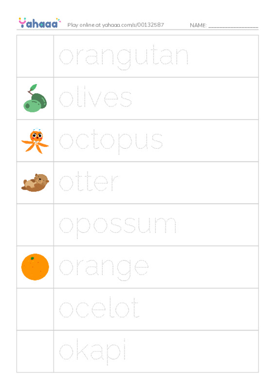 Picture and word rows worksheet for Oo
