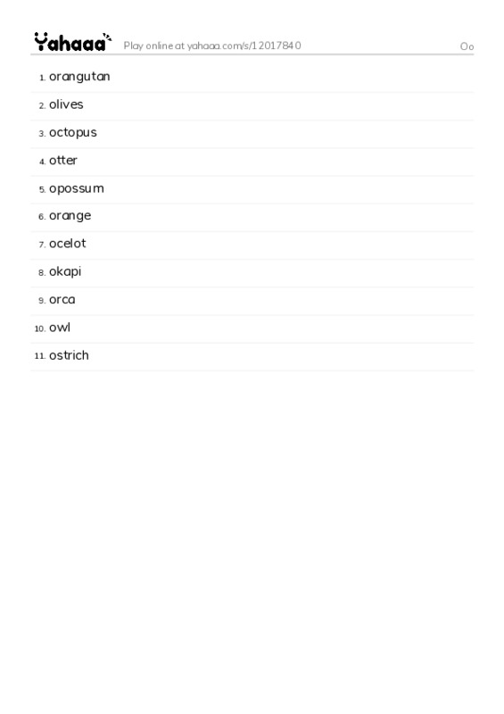 Word list with meanings worksheet for Oo
