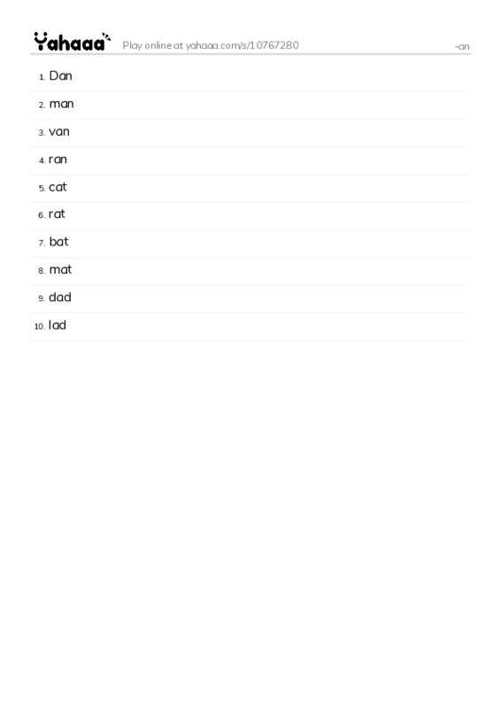Word list with meanings worksheet for -an