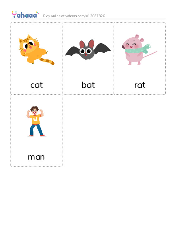 Picture flashcards worksheet for cat, bat, rat and 1 more