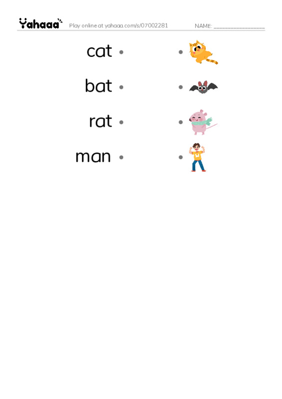 Draw a line to match worksheet for cat, bat, rat and 1 more