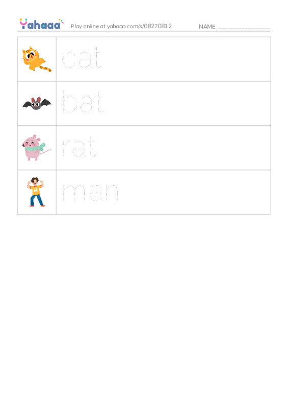 Picture and word rows worksheet for cat, bat, rat and 1 more