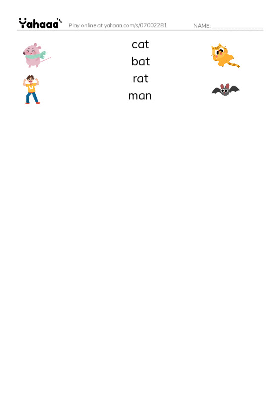 Match both sides worksheet for cat, bat, rat and 1 more
