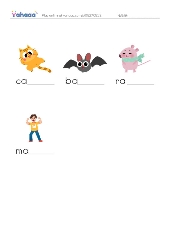 Finish the word worksheet for cat, bat, rat and 1 more