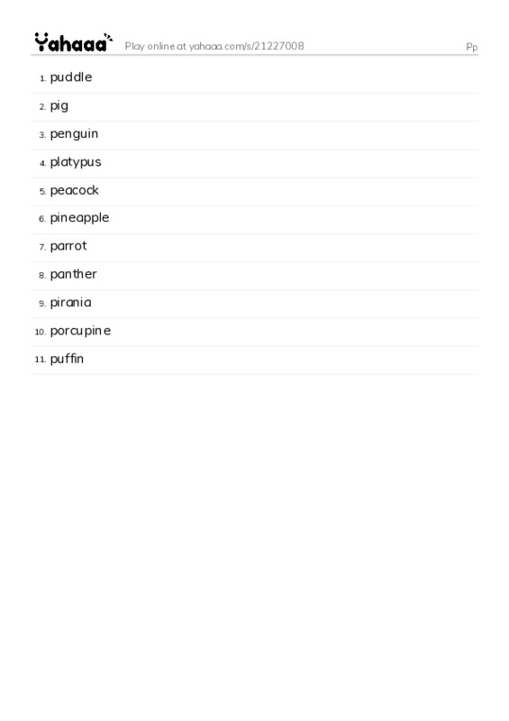 Word list with meanings worksheet for Pp