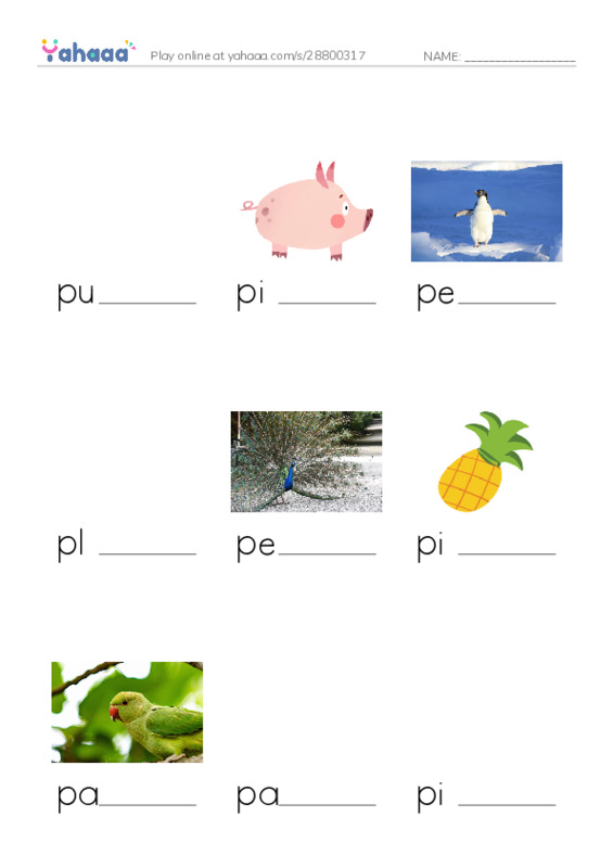 Finish the word worksheet for Pp
