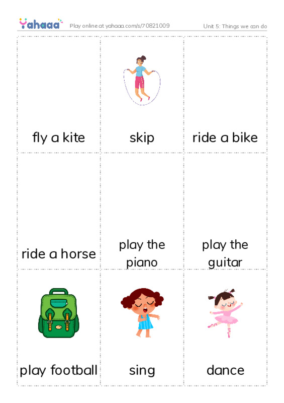 Picture flashcards worksheet for Unit 5: Things we can do