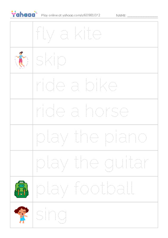 Picture and word rows worksheet for Unit 5: Things we can do