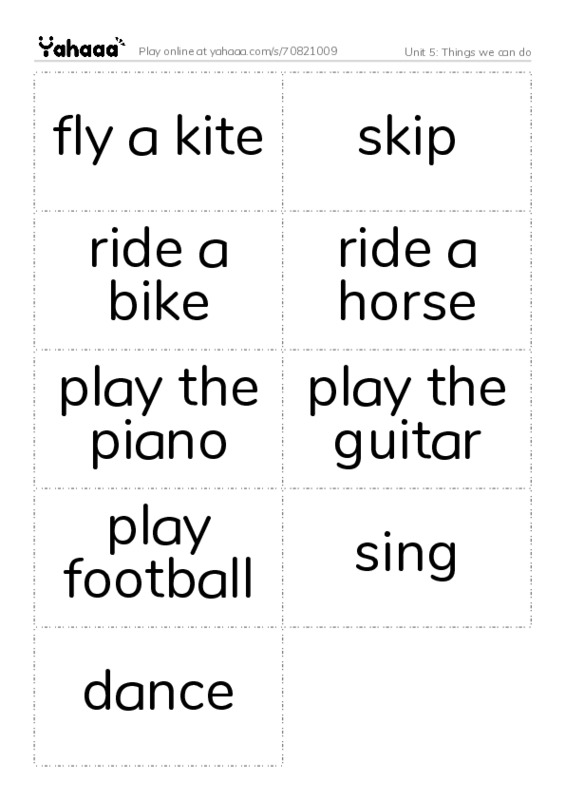 Word flashcards worksheet for Unit 5: Things we can do