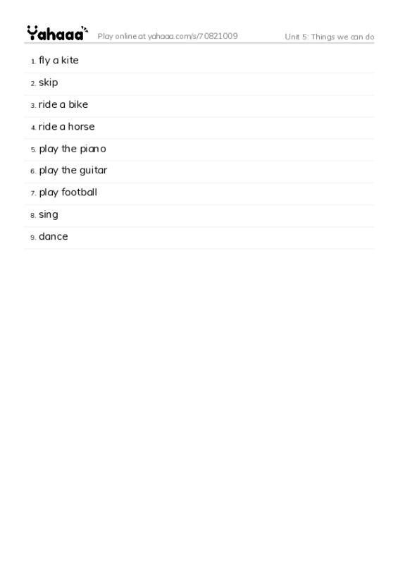 Word list with meanings worksheet for Unit 5: Things we can do