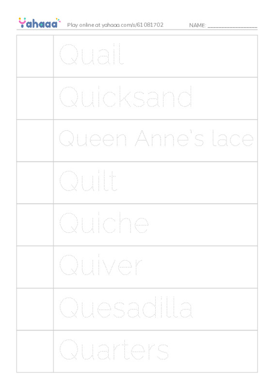 Picture and word rows worksheet for Qq