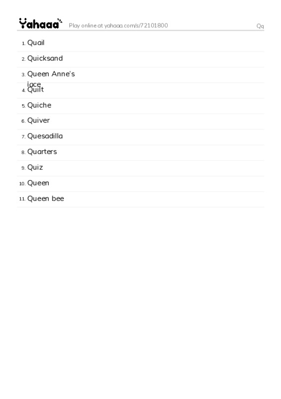 Word list with meanings worksheet for Qq