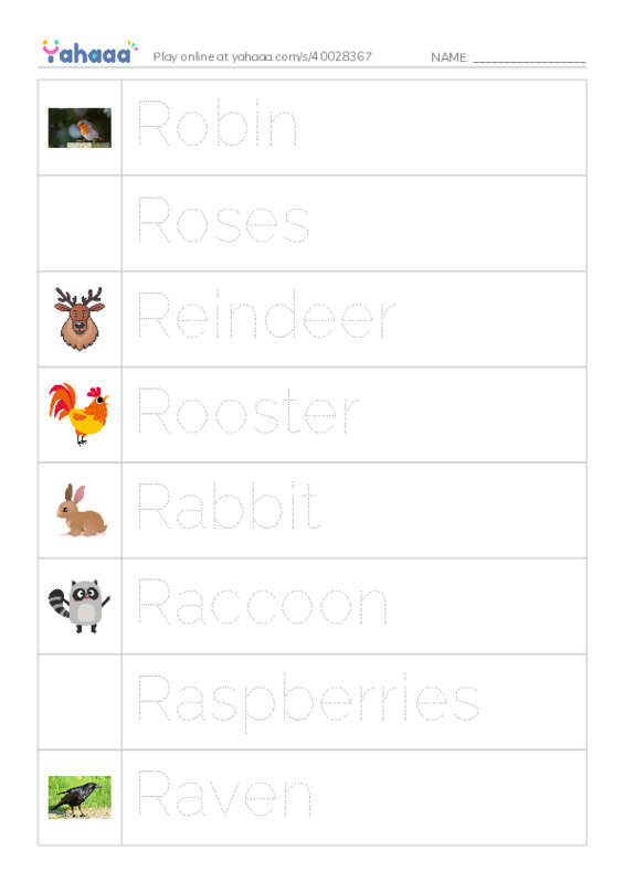 Picture and word rows worksheet for Rr