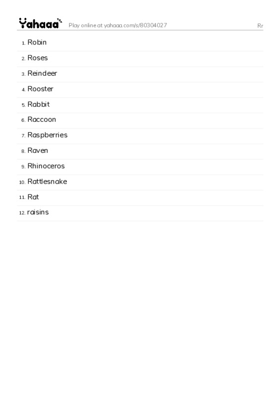 Word list with meanings worksheet for Rr