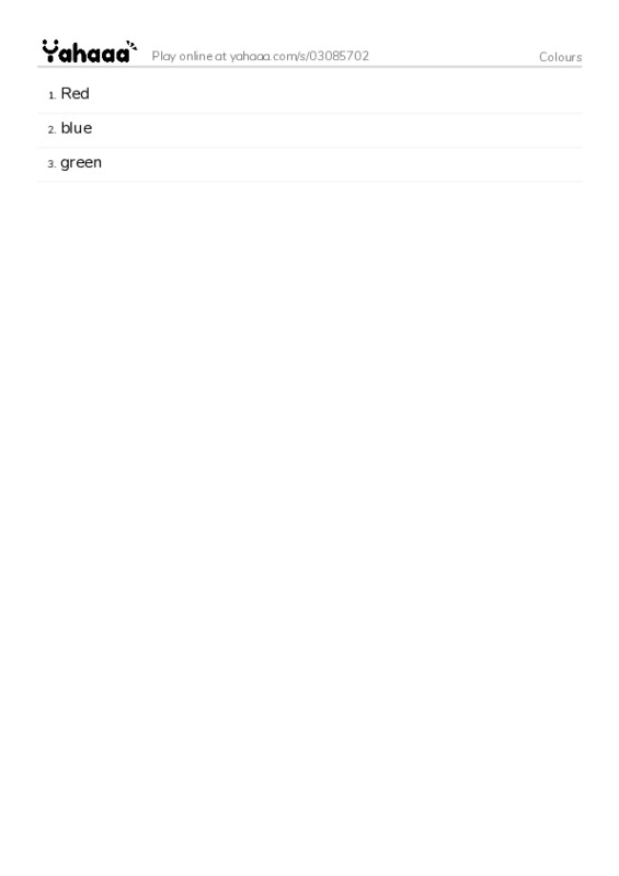 Word list with meanings worksheet for Colours