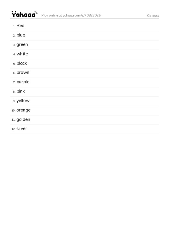 Word list with meanings worksheet for Colours