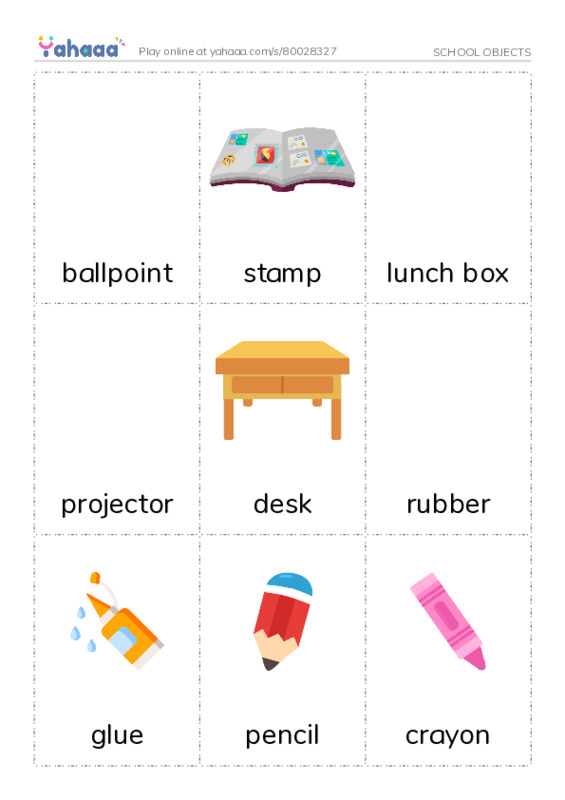 Picture flashcards worksheet for SCHOOL OBJECTS