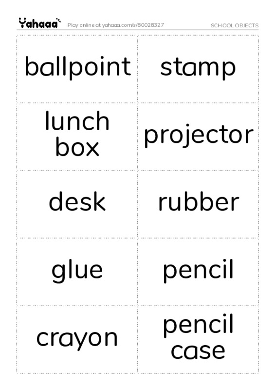Word flashcards worksheet for SCHOOL OBJECTS