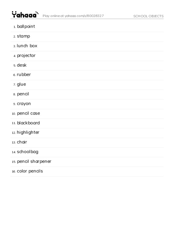 Word list with meanings worksheet for SCHOOL OBJECTS